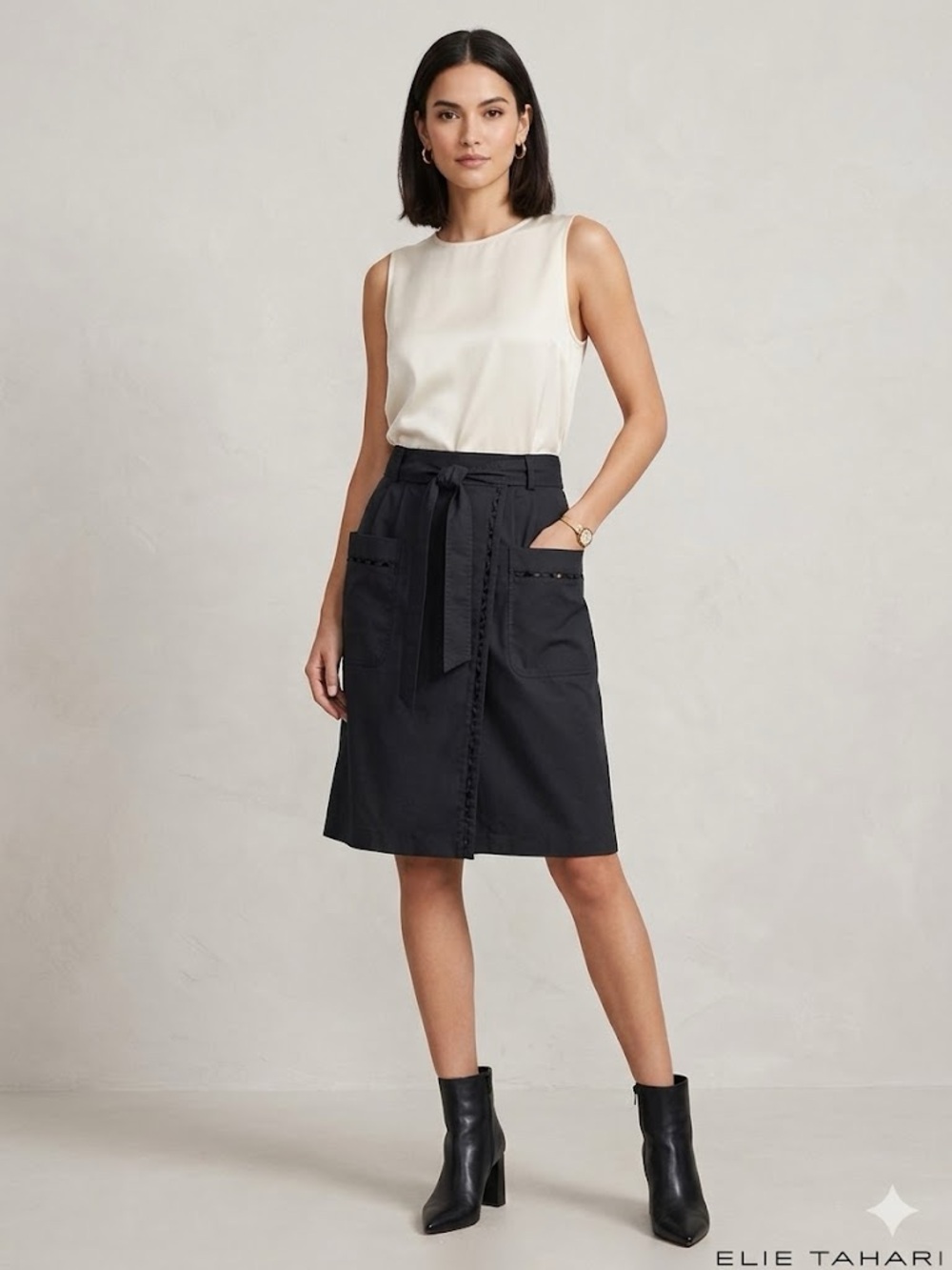 Elie Tahari Lily Skirt - Black Belted A-Line Skirt with Lattice Detail size 10